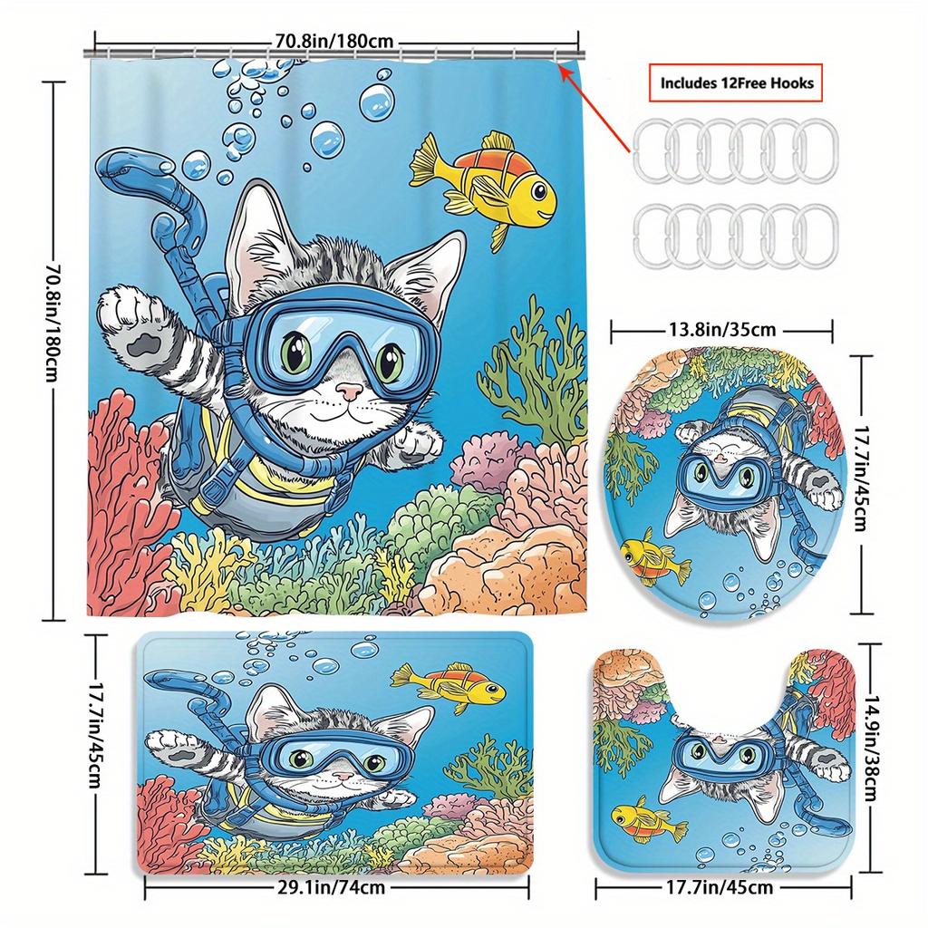 Swin Cat Decorative Shower Curtain Bathroom Set - Machine Washable, With 12 Hooks, Including Toilet Seat Cover And Bathtub Mat