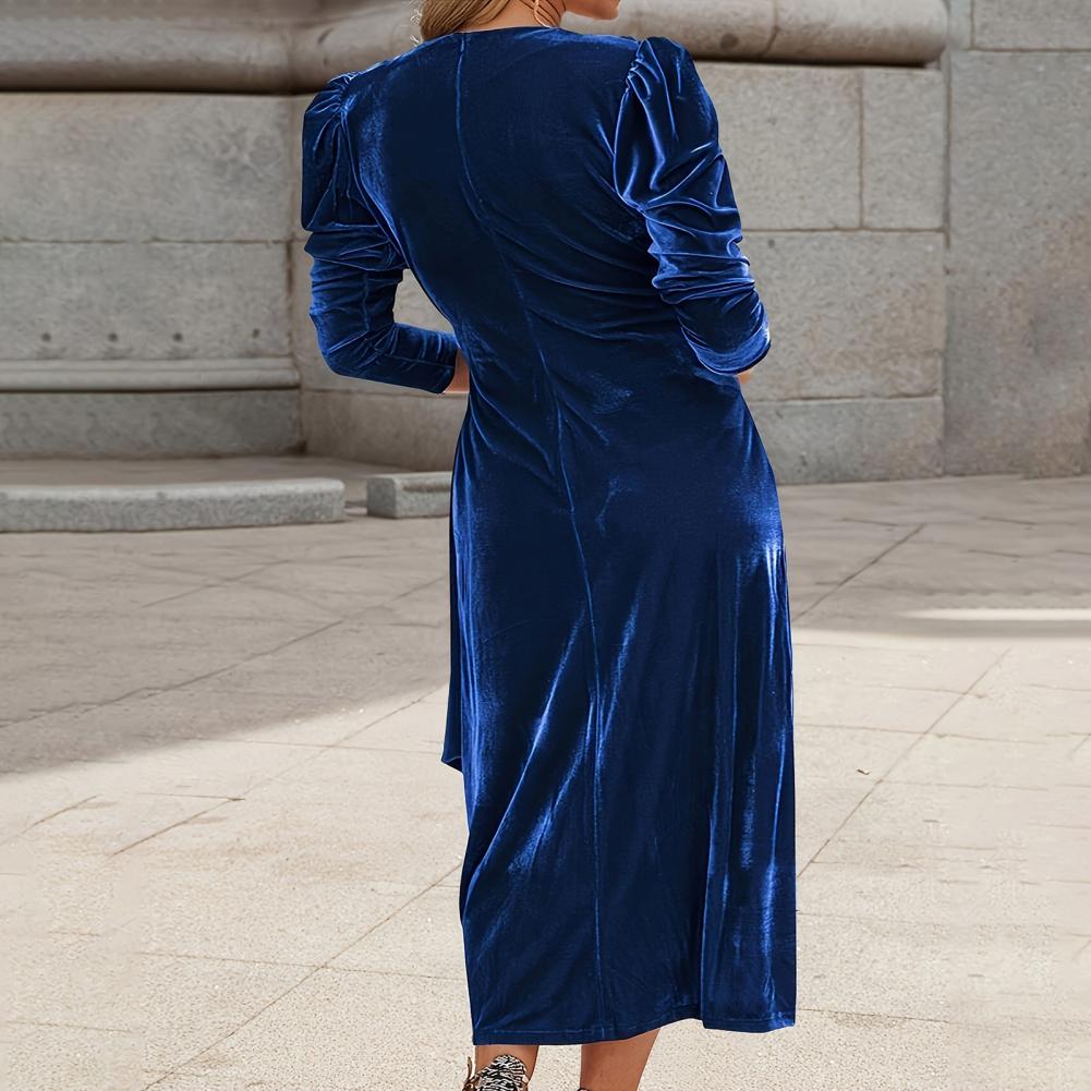 Women Autum Spring Dress Cross V-Neck One Tone Lace-up Tight Waist Velvet Mid-calf Length Long Sleeves Pleated Dating Commuti