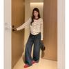 Vintage crew neck striped splicing contrasting color long-sleeved knitted cardigan women's autumn loose and thin sweater jacket