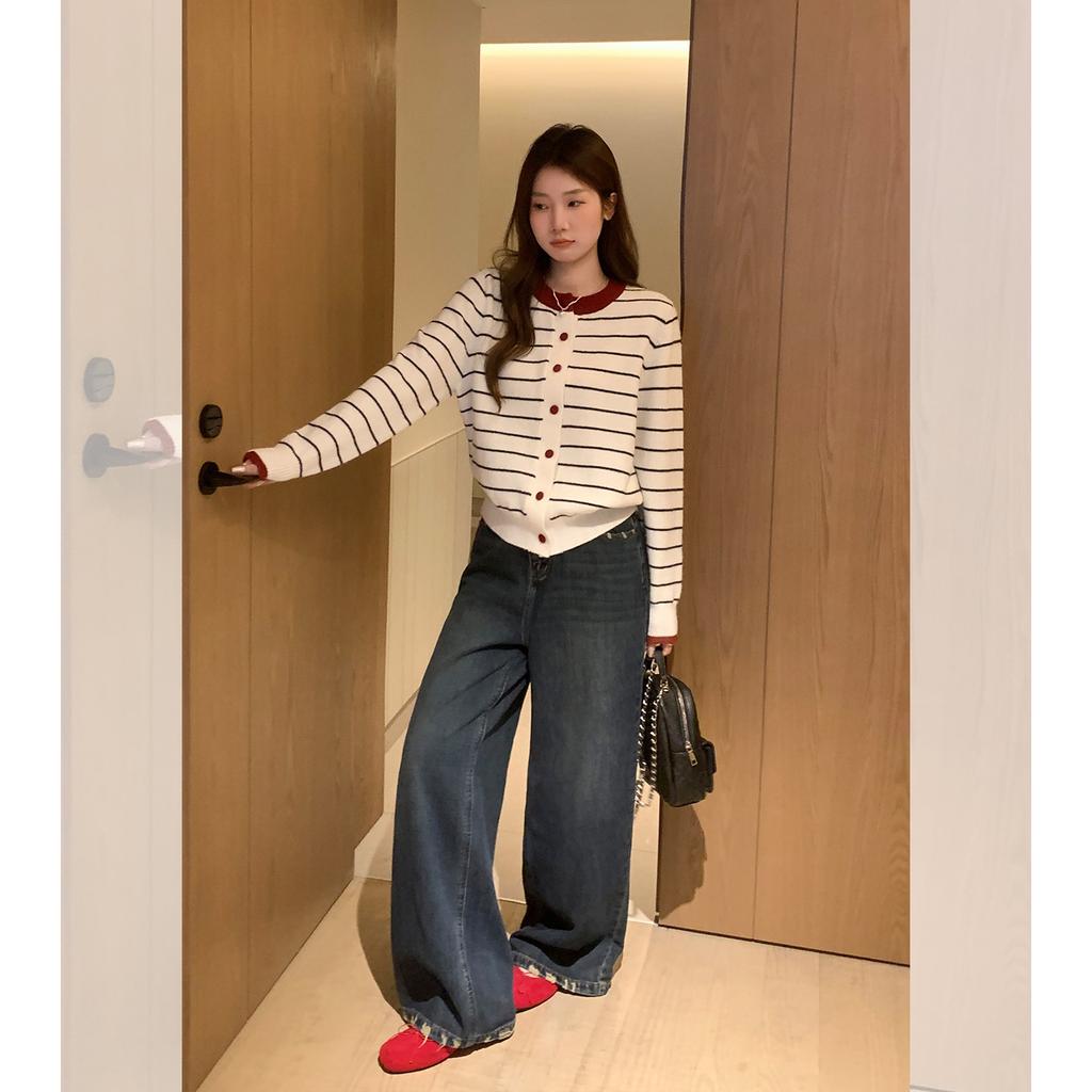 Vintage crew neck striped splicing contrasting color long-sleeved knitted cardigan women's autumn loose and thin sweater jacket
