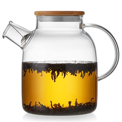Pokaro Teeglas-Kessel, Hitzebeständige Glas-Teekanne, Großes Fassungsvermögen 1600ml, Hitzesicher, Bambusdeckel, Bruchsicher, Klare zylindrische Glas-Teekanne