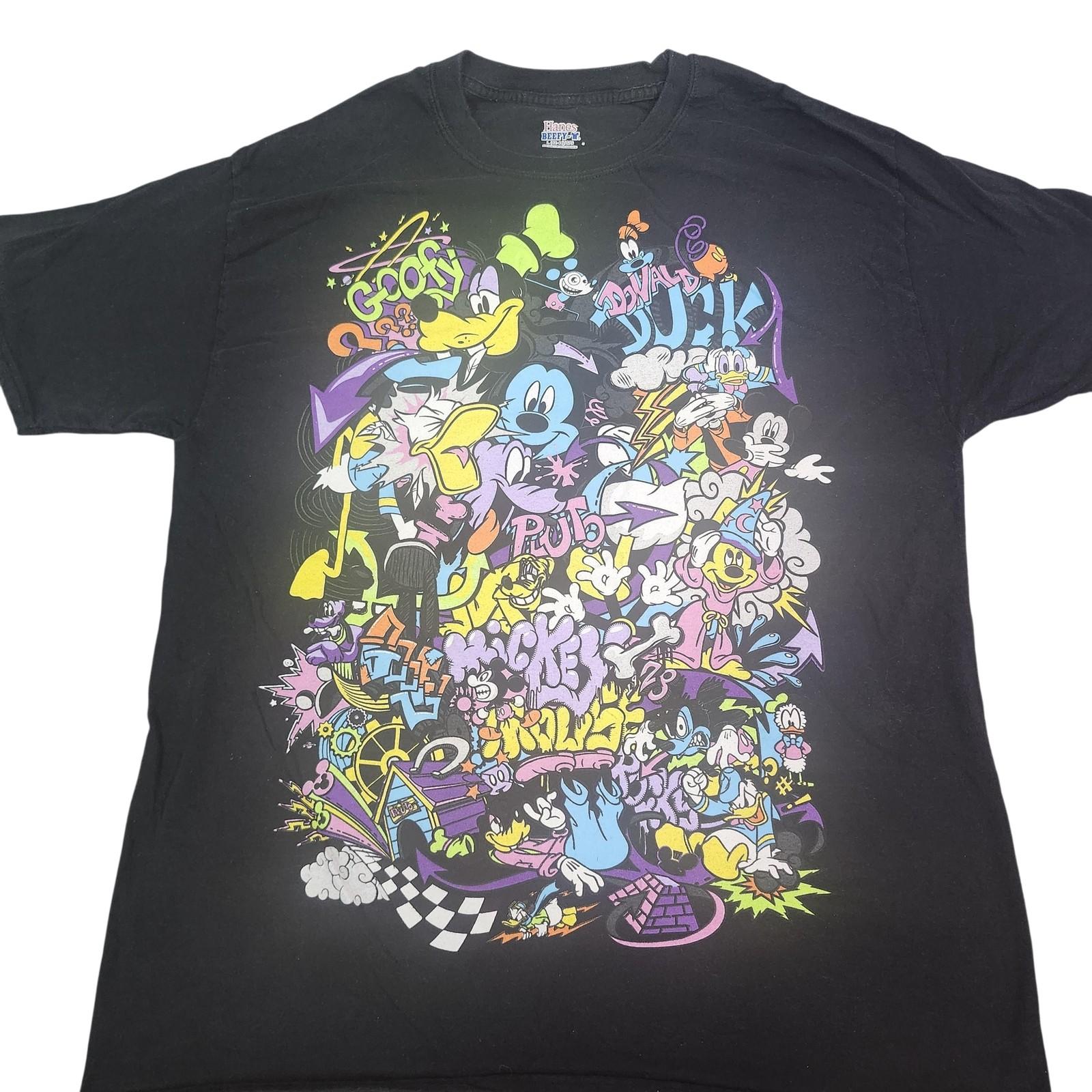 Disney Shirt Mens Large Black Mickey Mouse Friends Graffiti Graphic Tee Hanes Unisex T-Shirt S