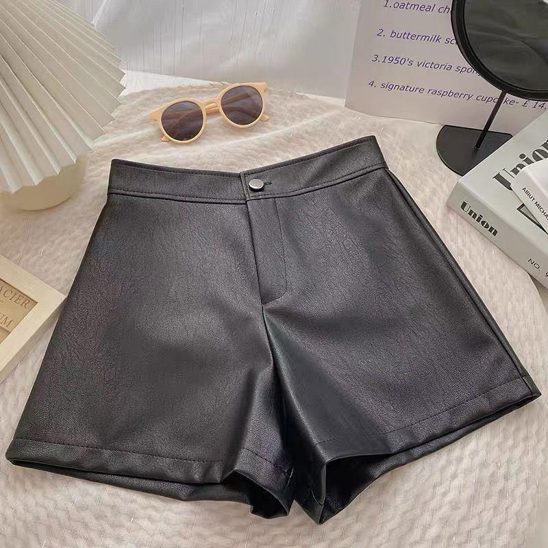 

High-Waisted PU Leather A-Line Wide-Leg Shorts - Slimming Korean Style Spring Fashion L чёрный