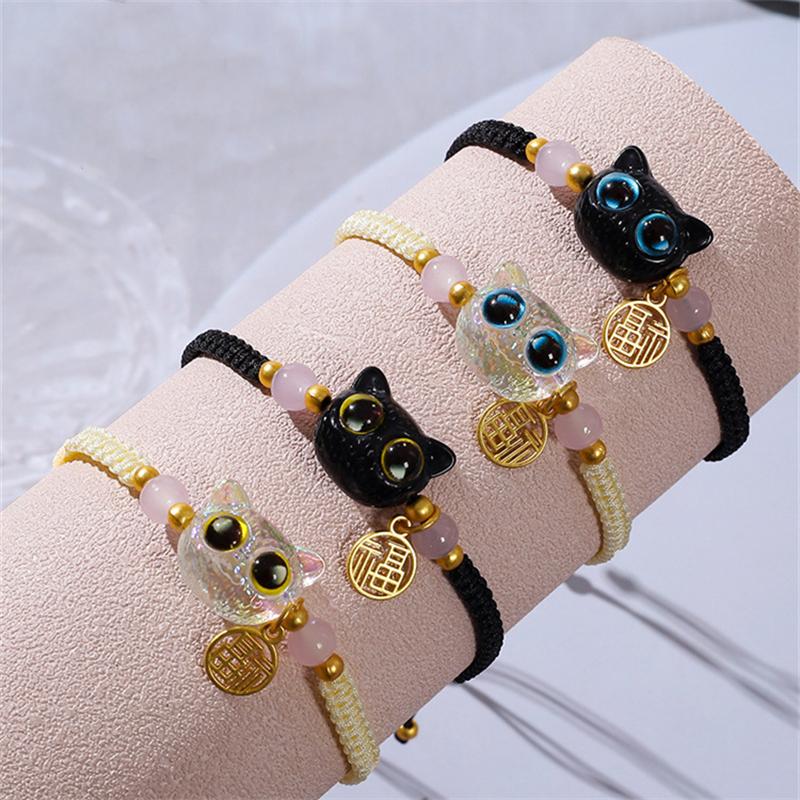 Lucky Blue Big Eye Black Cat Bracelets for Women Men  Cartoon Animal Handmade Braided Bracelets Couple Jewelry Gifts