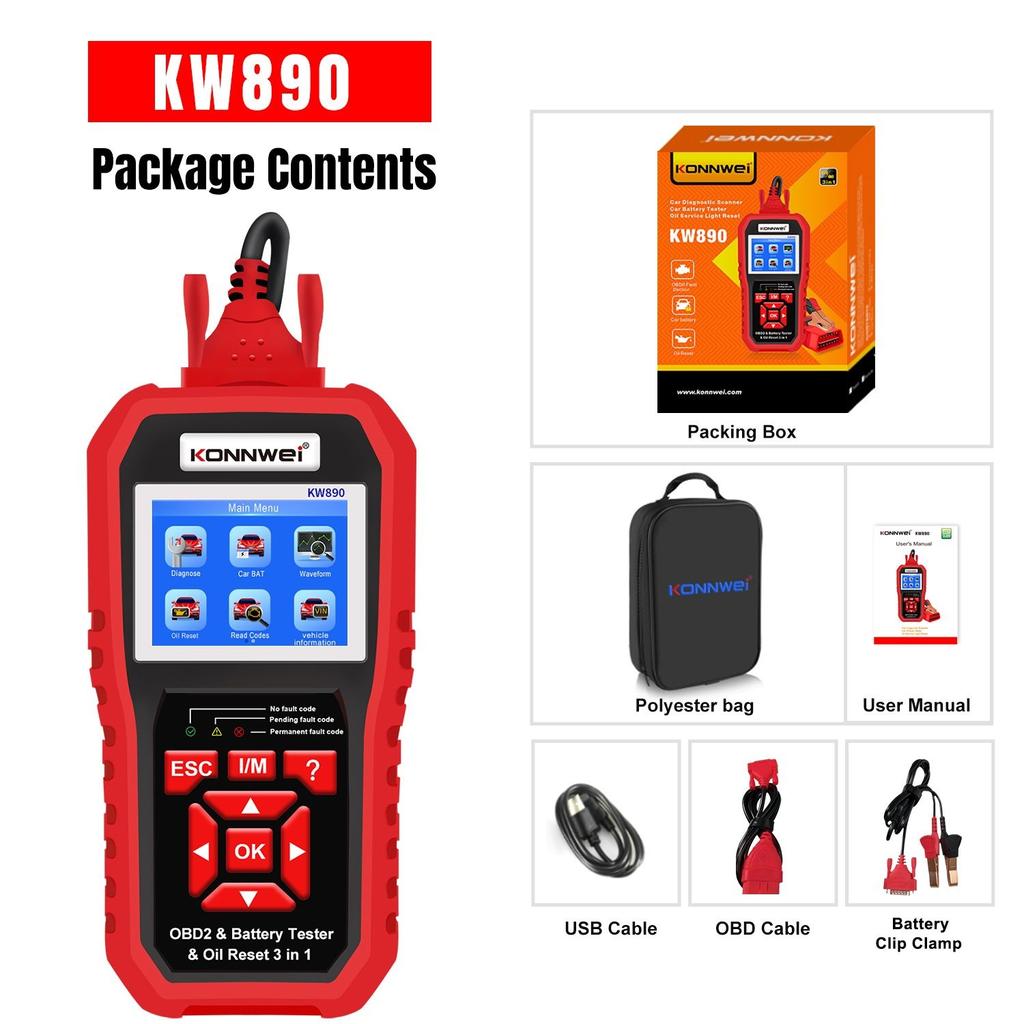 KONNWEI KW890 Öl-Reset-Batterietester OBD2-Diagnosescanner-Tool 3-in-1 EOBD-Motorprüfcodeleser-Diagnosetool