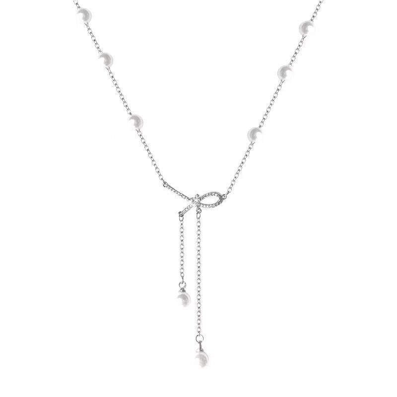 Titanium Steel Necklace Bow Pearl Fringed Wind Collarbone Chain Temperament Versatile Niche Beaded Sweater Chain Jewelry