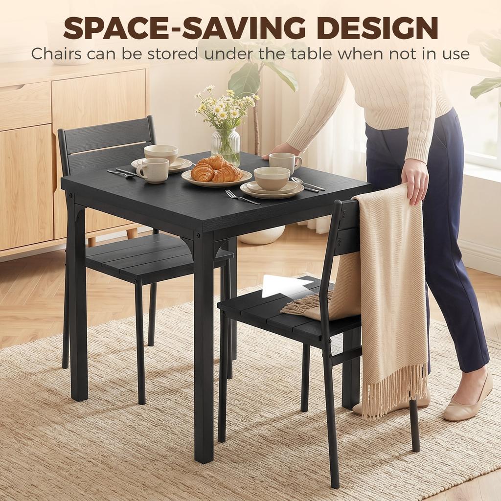 3 Piece Space Saving Kitchen Table And Chairs Dining Table Set For 2 With Metal Legs Black Wood Effect