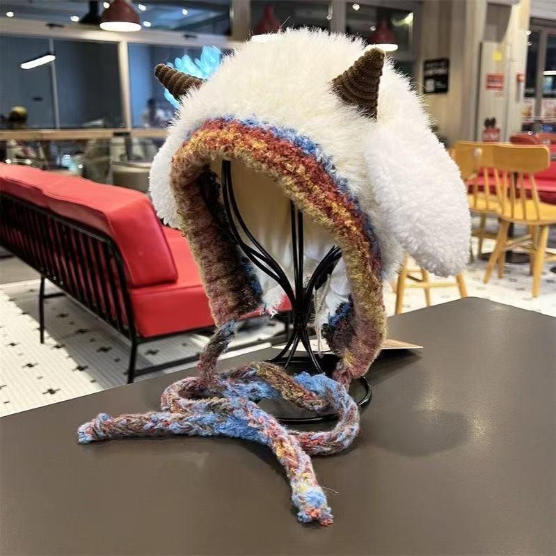 Bonnet Tricoté Mignon en Laine d'Agneau Coréen pour Femme avec Protection Oreilles – Style Automne/Hiver à Nouer