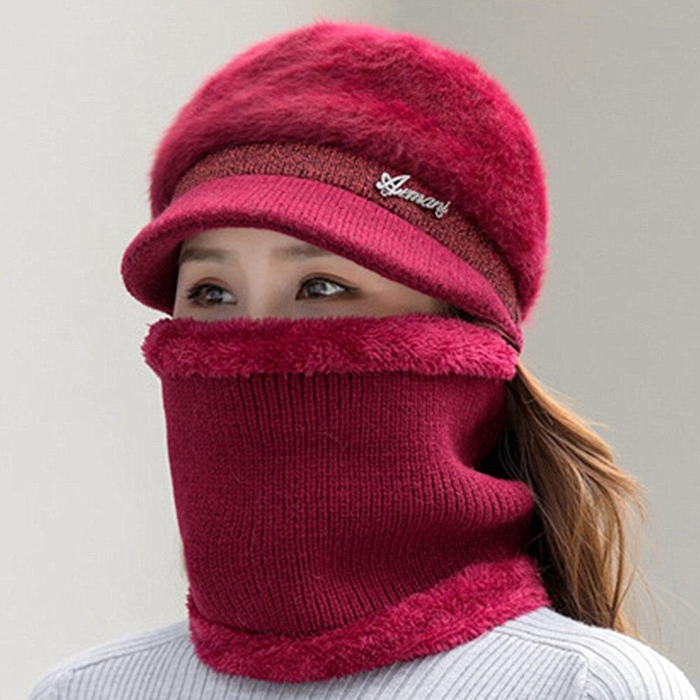 

Новая женская зимняя шапка, сохраняющая тепло, модная шапка и шарф, комплект, теплые шапки для женщин, повседневная вязаная шапка из меха кролика, зимняя вязаная шапка 55cm-58cm вино красного