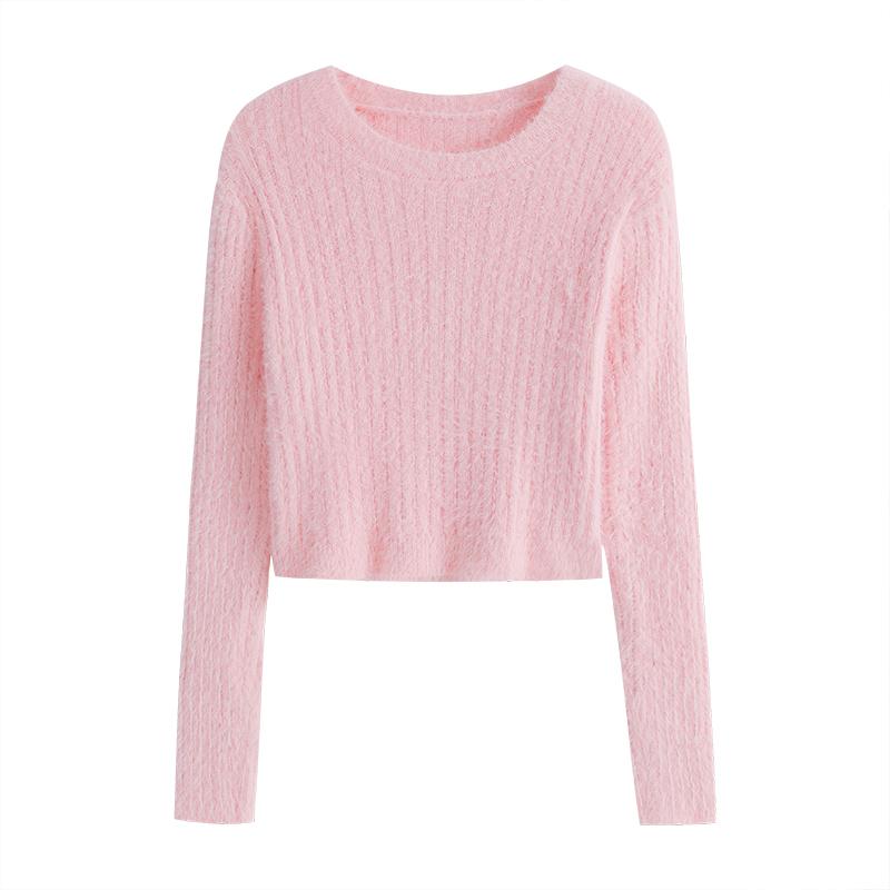 Y2K Cropped Sweater Pink Furry Solid Korean Fashion Pullover Knitted Sweaters Autumn Winter Long Sleeve Harajuku Jumper Sweater
