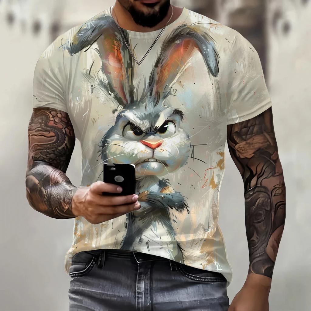 Summer Round Neck 3D Fun Cartoon Rabbit Print Top Fashionable Casual Short Sleeved Men's T-shirts