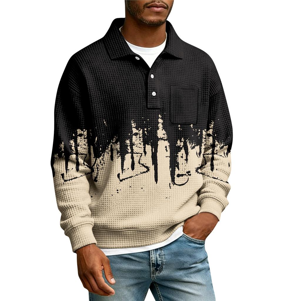 Men's Lapel Printed Single Breasted Pocket Long Sleeve Casual Sports T-Shirt