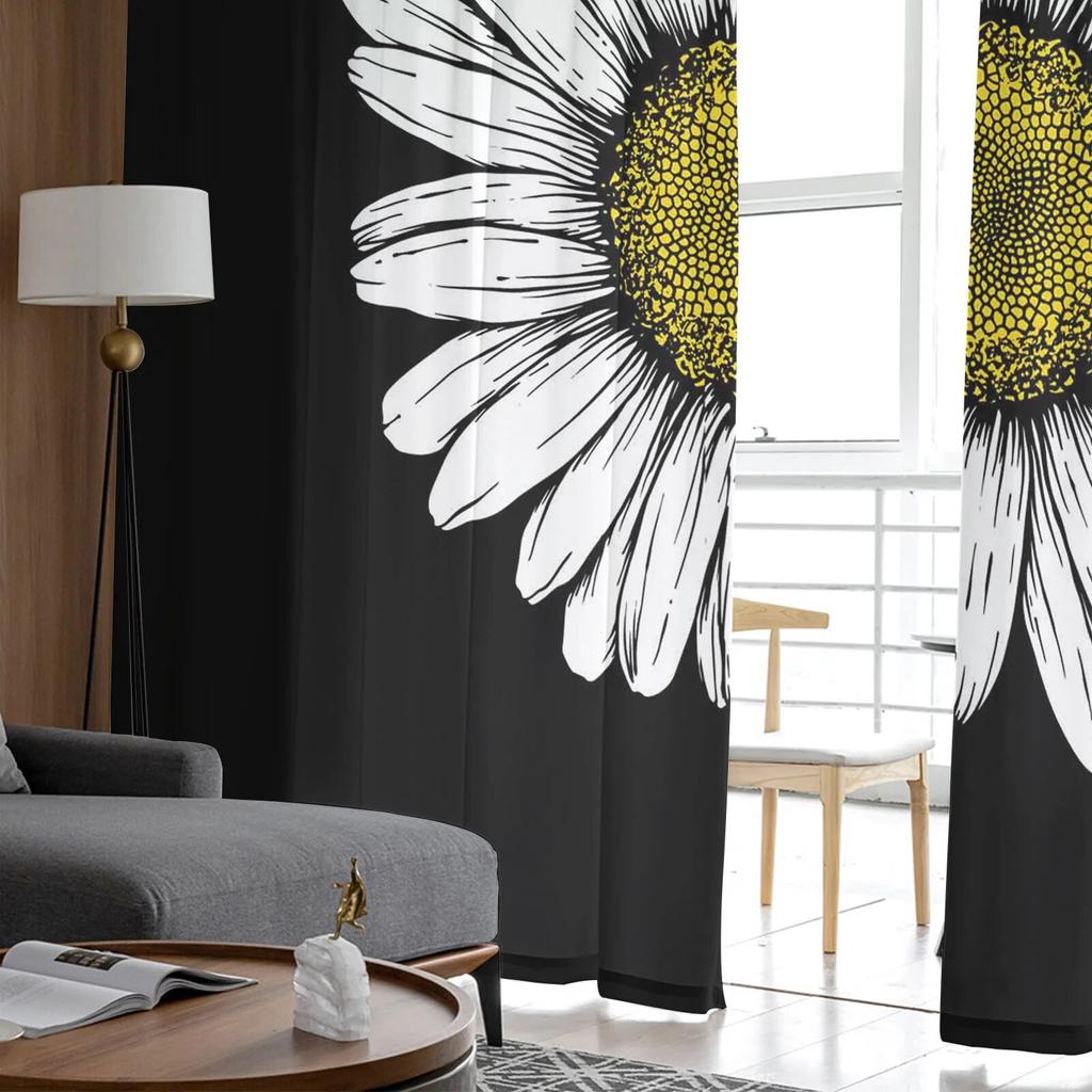 Daisy Black Background Tulle Curtain Home Office Window Decor Bedroom Kitchen Balcony Modern Sheer Curtain