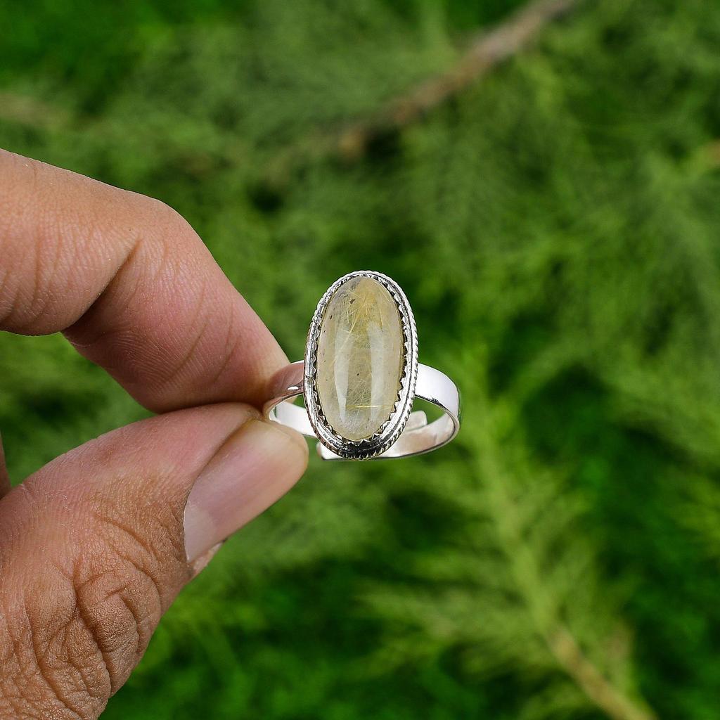 925 Sterling Silver Oval Natural Golden Rutile Stackable Bezel Wife Ring Jewelry