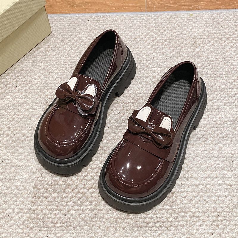 French bow small leather shoes women's retro Japanese round head British style platform loafers 2025 autumn new