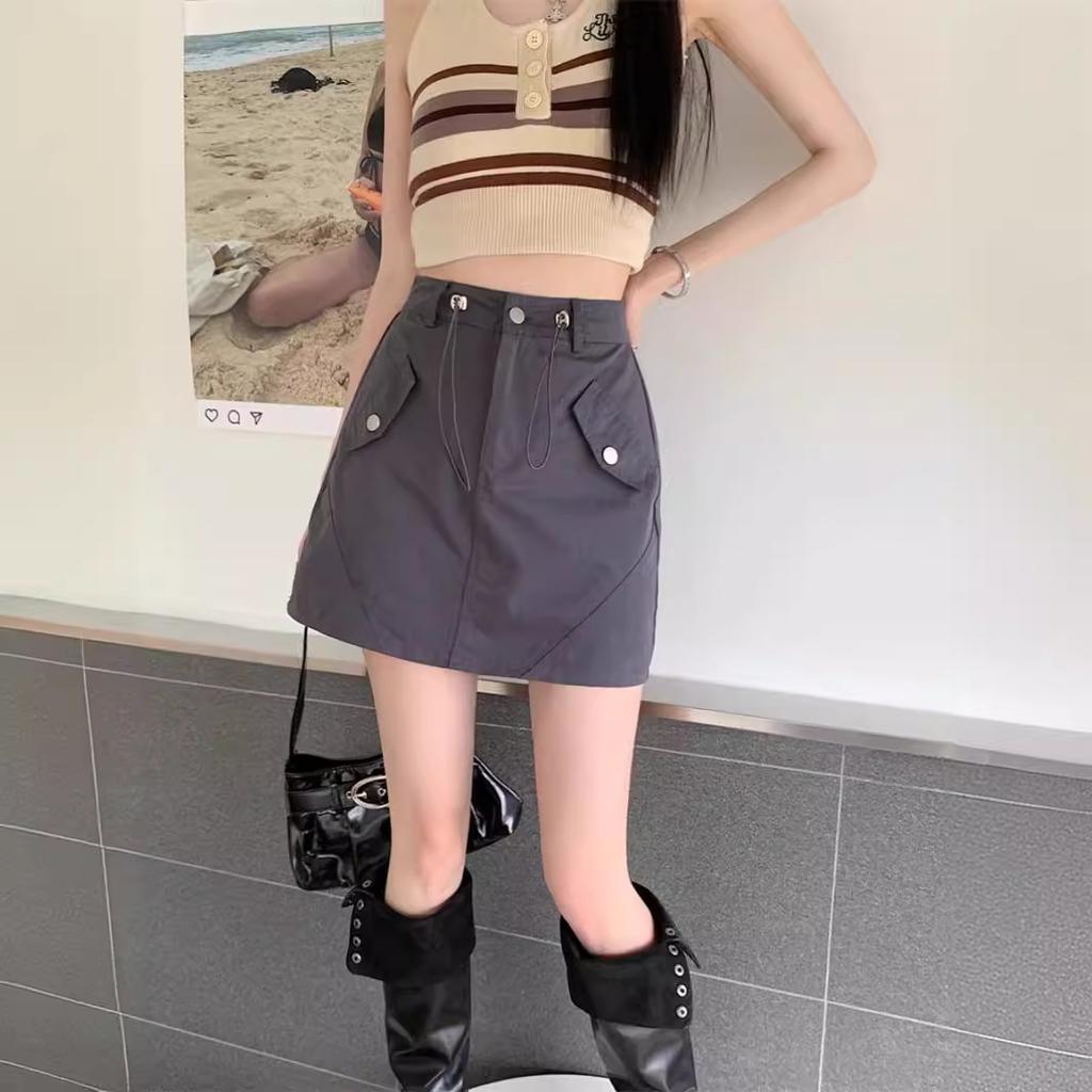 Skirt Women's Spring and Autumn High Waist A-Word Grey Skirt Drawstring Cool Spice Girl Hip Tooling Short Skirt
