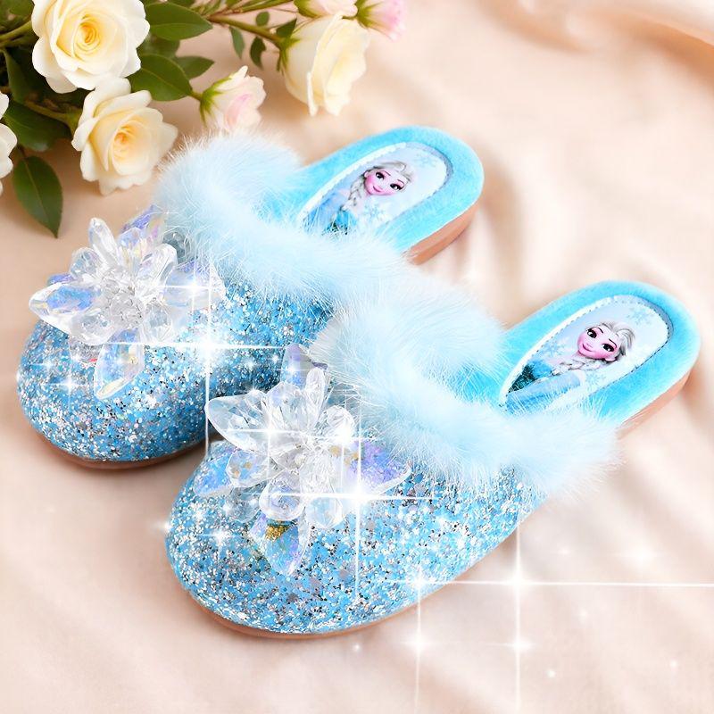 Elsa Winter Plüsch Prinzessin Baumwoll Hausschuhe für Mädchen – Rutschfest, Geschlossene Zehen, Warme Komfortschuhe