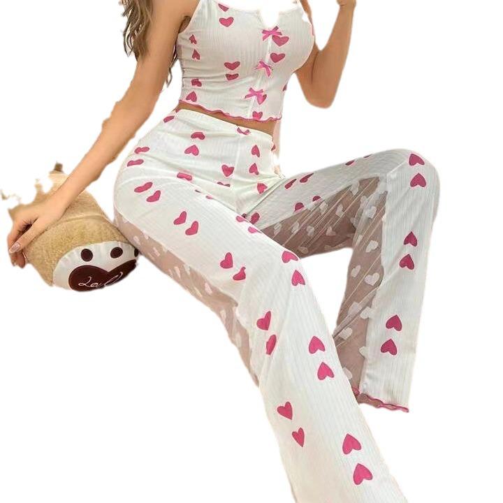 2024 Color Block Mesh Patchwork Camisole Pajama Set with Front Slit