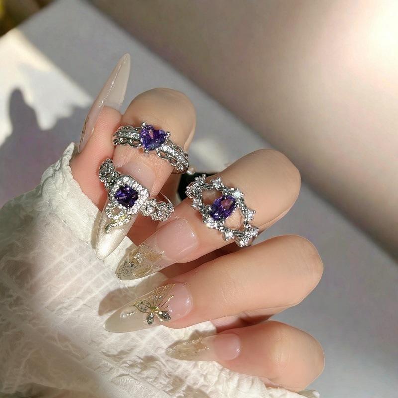 Lila Diamant Lila Romantischer Zirkon Geometrischer Öffnungsring Süße Coole Babes Y2K Nischen Design Leichter Luxus Farbiger Schatzring
