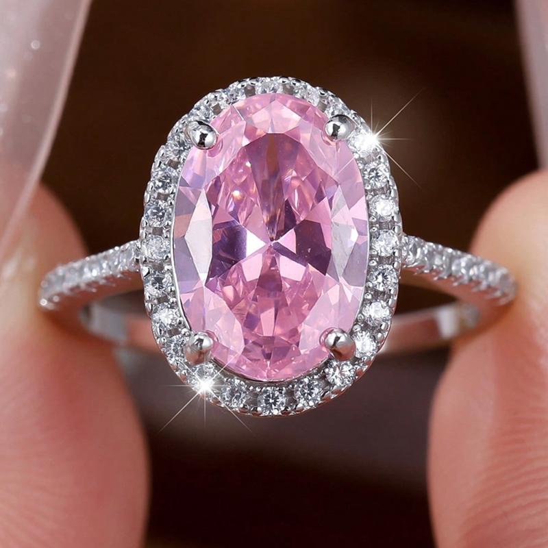 

Кольцо из стерлингового серебра 925 пробы с розовым кубическим цирконием овальной формы для женщин Роскошные аксессуары Свадебные украшения 8 розовый/белый