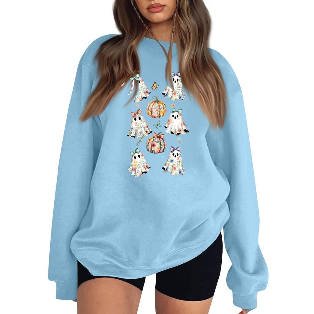 Women's Neck Long Sleeve Comfy Sweatshirt Casual Loose Fit Color Halloween Print Pullover