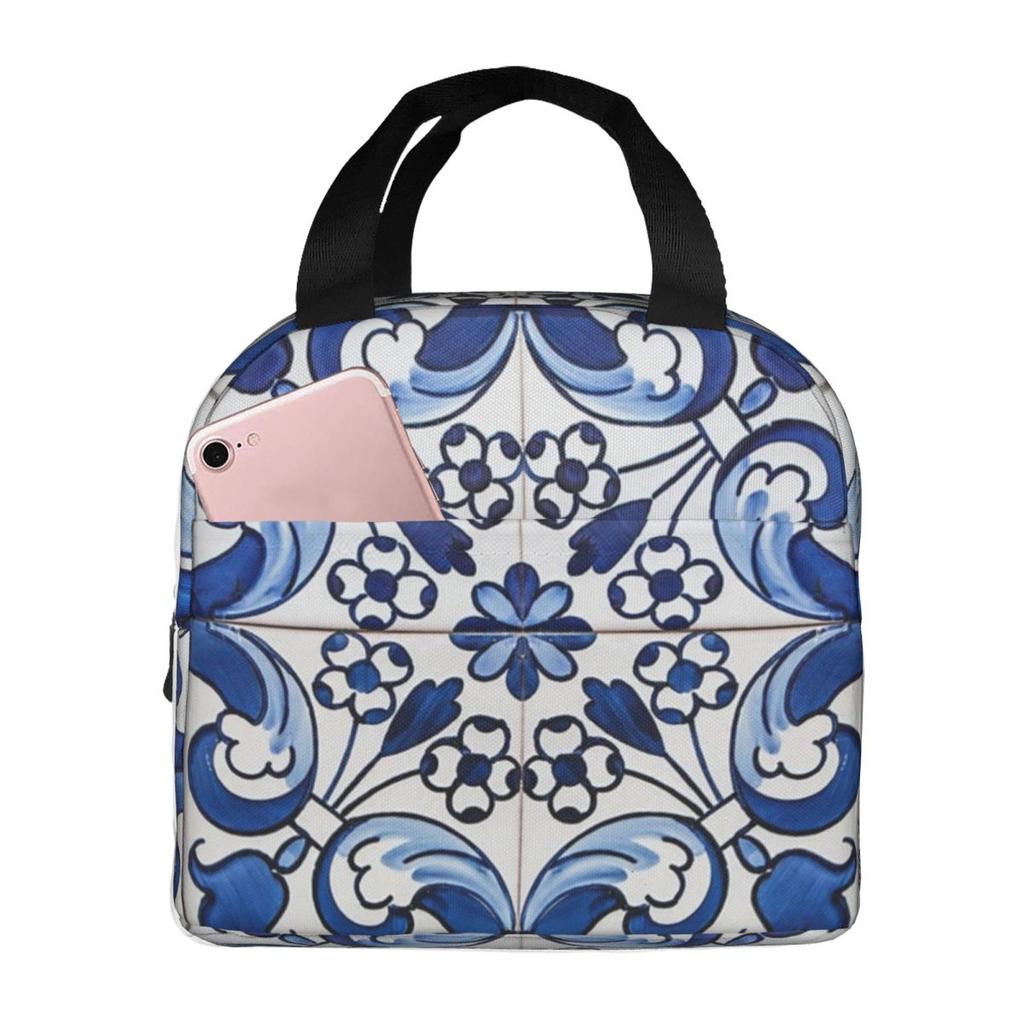 Antique Classic Lisbon Blue Azulejo Tile Floral Pattern Insulated Lunch Bag for Kids School Cooler Thermal Food Box TotePortable