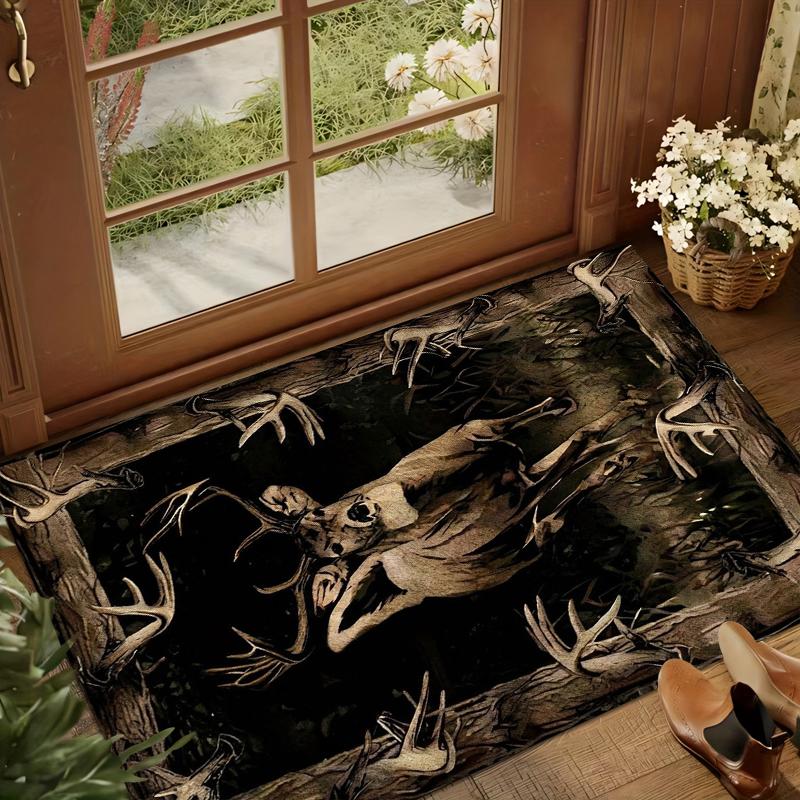 Retro Deer Pattern Rug Dark Color Stain-resistant Non-slip for Yoga Living Room Kid's Crawling Mat Bathroom Absorbent Carpet
