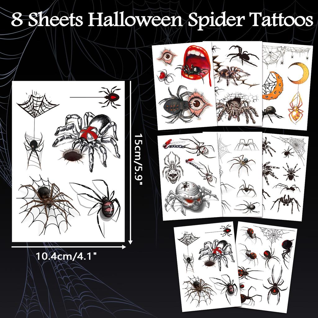 8PCS Halloween Temporary Tattoo - Designs for evil spiders, bats, pumpkins, etc., for face painting, party gifts, and decorations