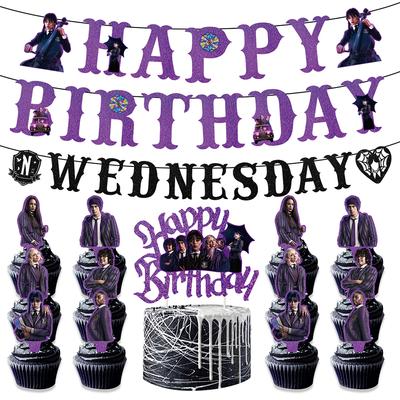 15 ks Párty potřeby Wednesday Addams Včetně bannerů a ozdob na dort