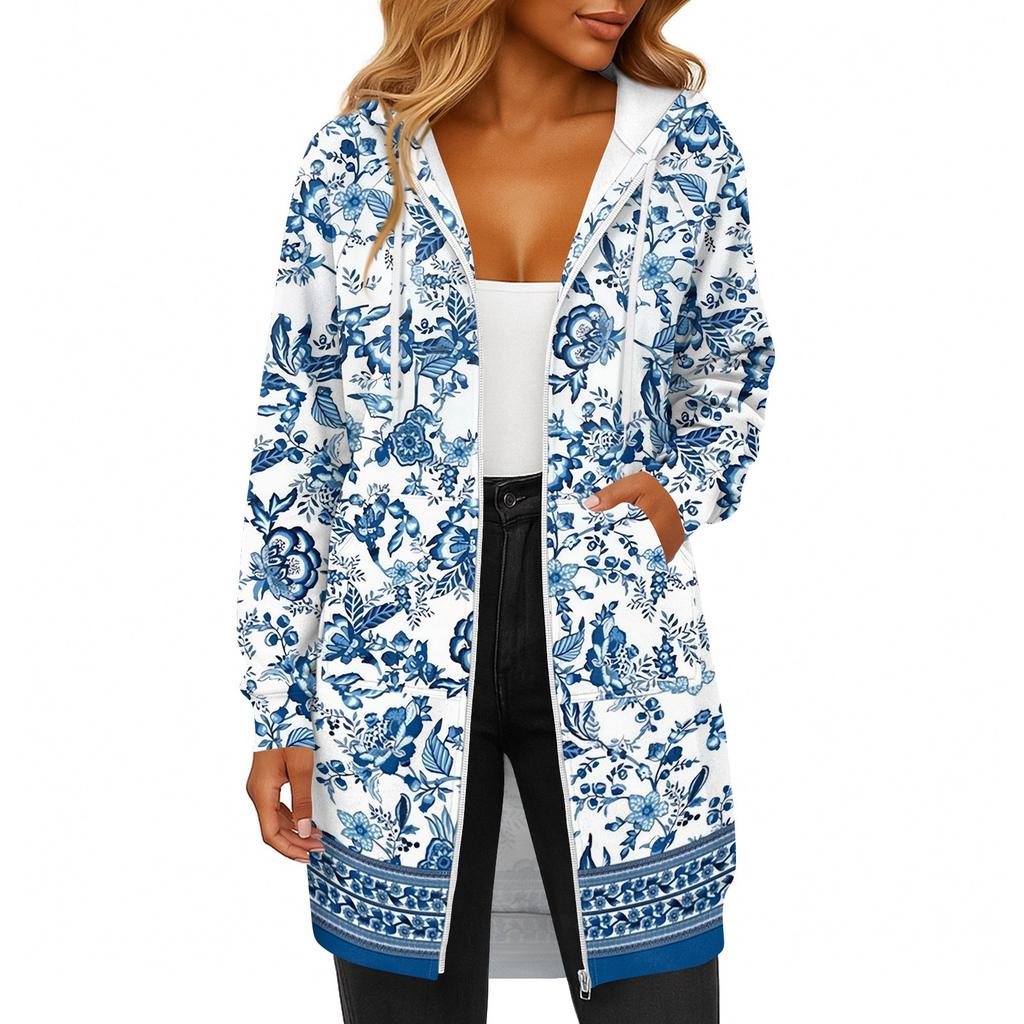 Women's Fashionable Printed  Long Sleeved Drawstring Hooded Zipper Pocket Long Casual Sweatshirt Jacket