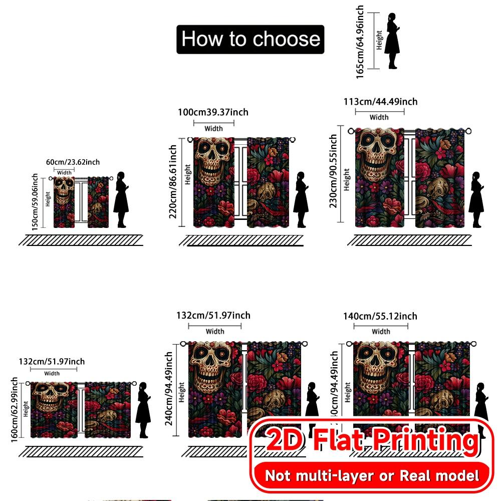 Set Of 2 Flat Printing Curtains Without Rod Floral Skull Festival Creative Versatile Durable Polyester Room Curtain