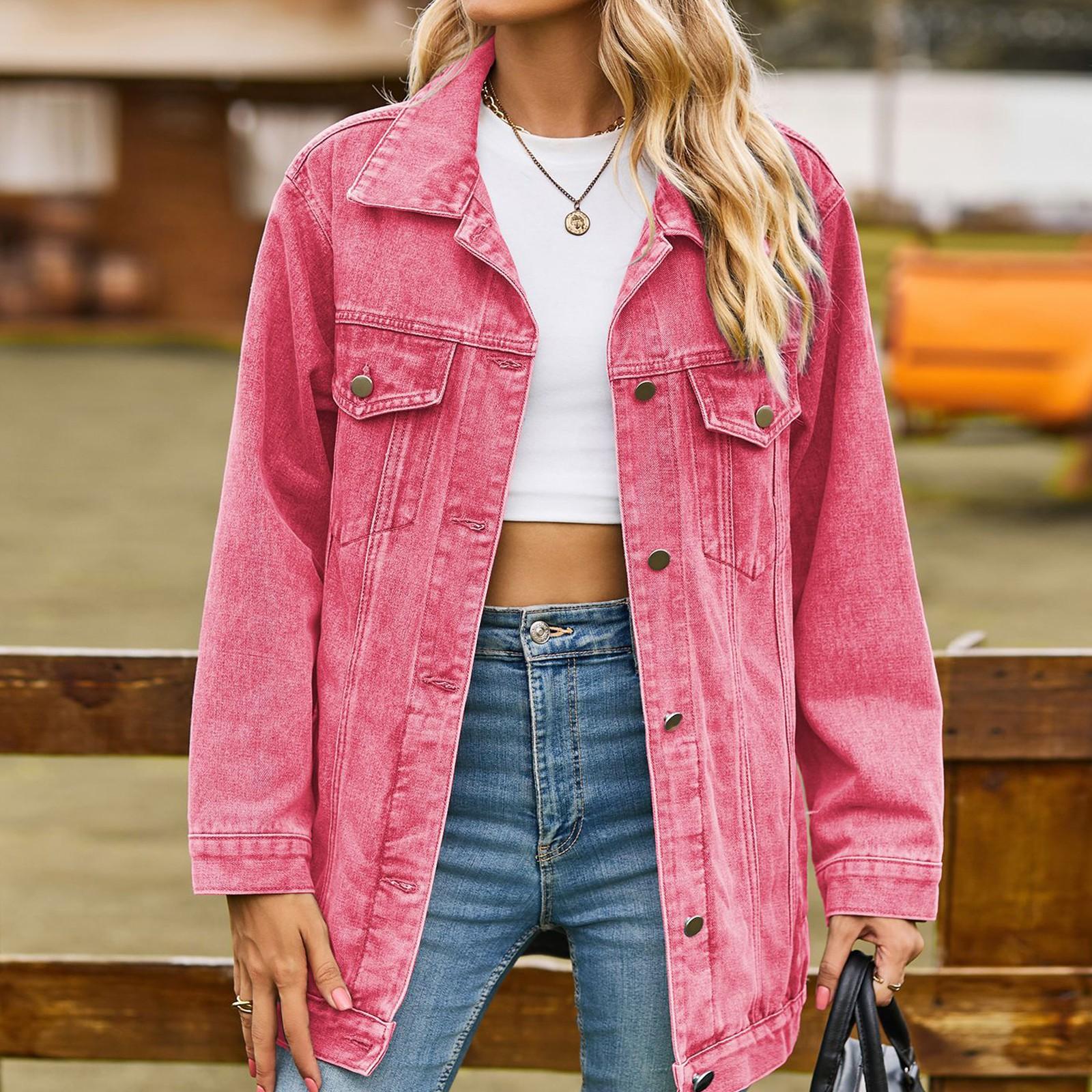 

Женская модная универсальная классическая ретро однотонная джинсовая куртка с лацканами, длинными рукавами и карманом, свободного кроя XL розовый