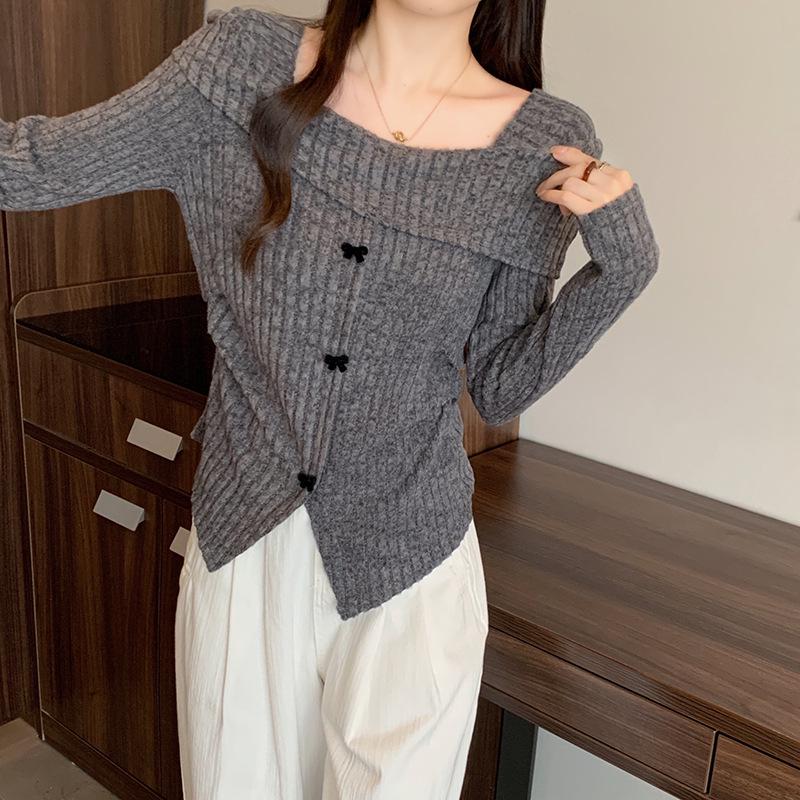 

Plus Size Women s French Square Neck Bow Knit Top - Long Sleeve L темно-сірий