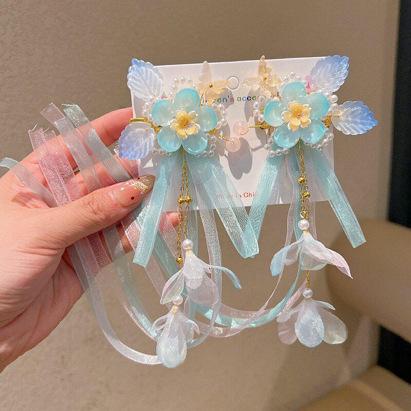 Princess Style Children's Hanfu Hair Clips - Ancient Chinese Tassel Ribbon Headdress for Girls
