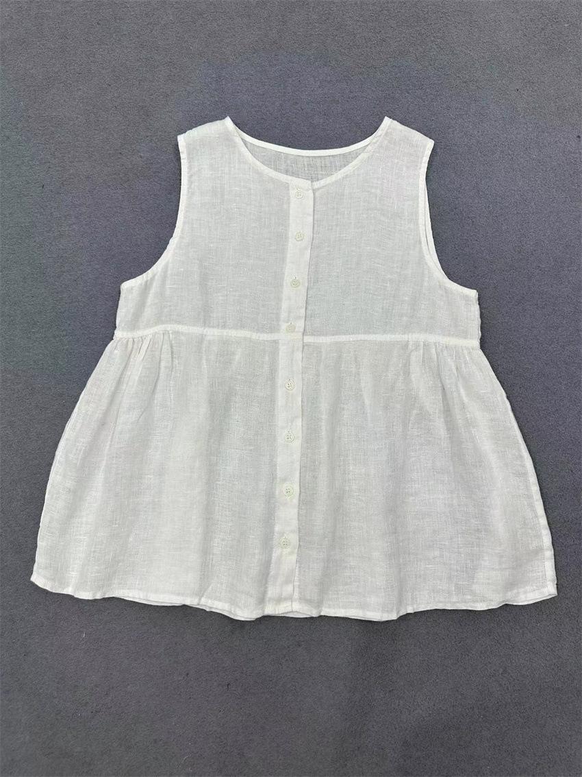 

Johnature Summer Japanese Button Vest Shirts Round Neck Loose Casual Versatile Sleeveless Babydoll Shirts One Size білий