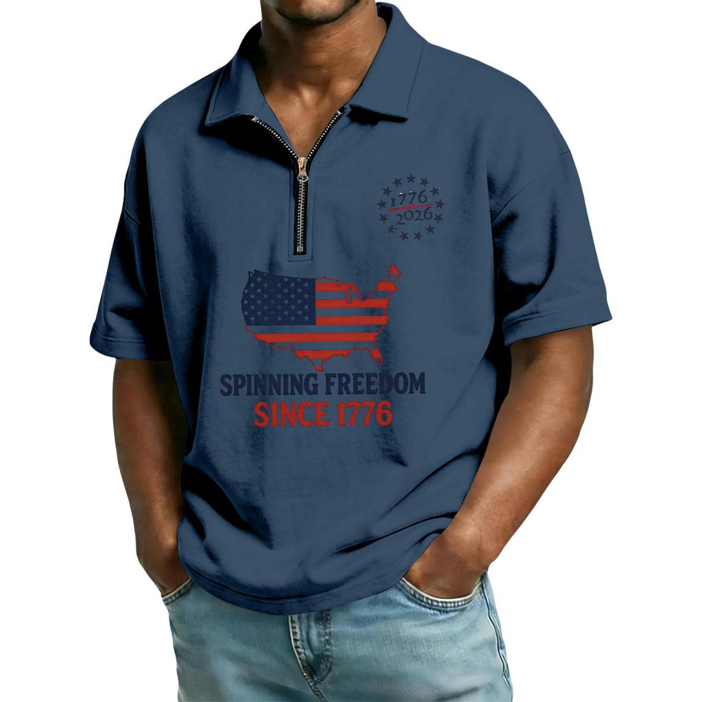 Men’s Short Sleeve Polo Shirt with USA Map and Flag Print Quarter Zip Collar Casual Loose Fit Top 1776 Design