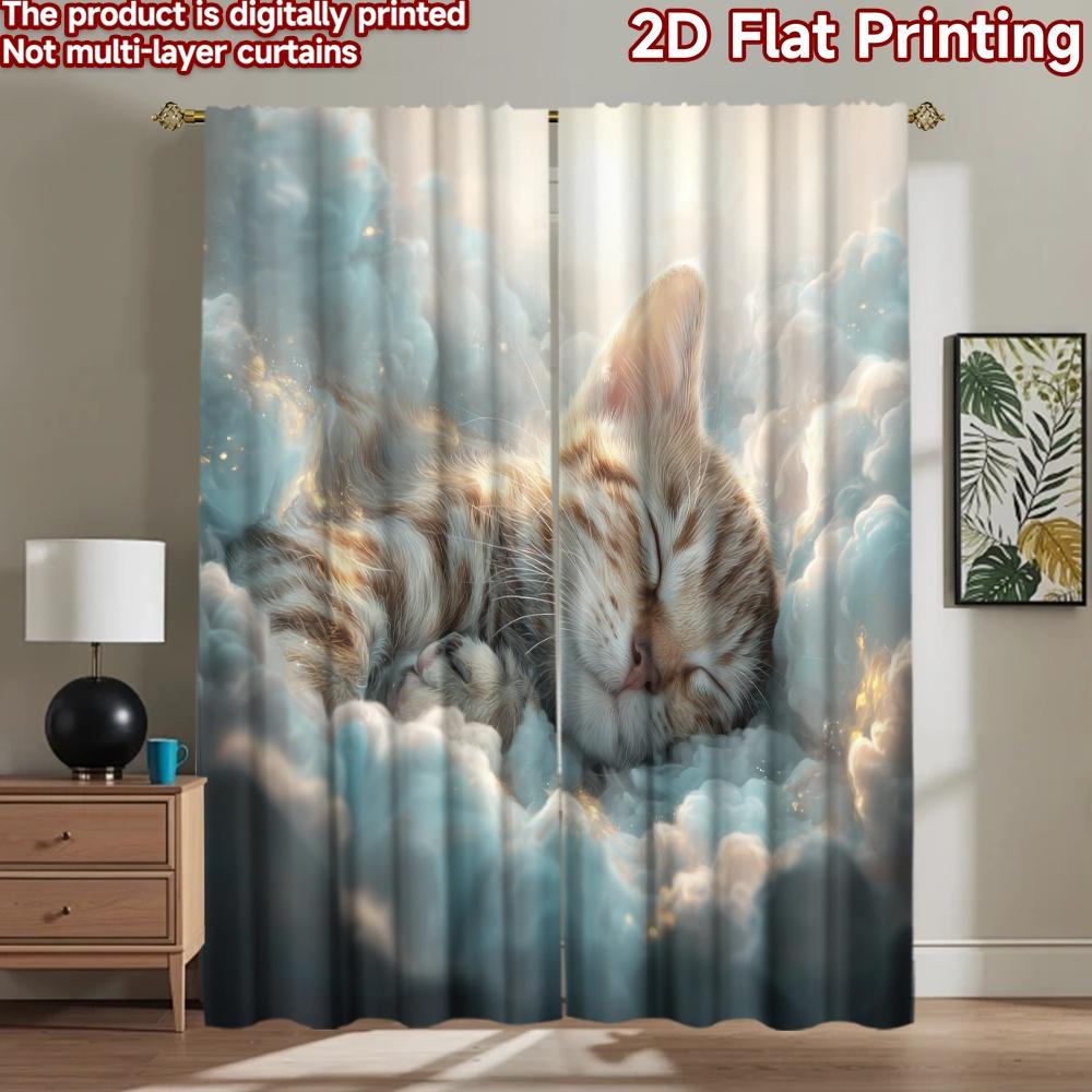 2D flat printing 2pcs Window Curtains Cute Cat Sleeping Peaceful Clouds Digital Printed Polyester Drapes Birthday Party Use for