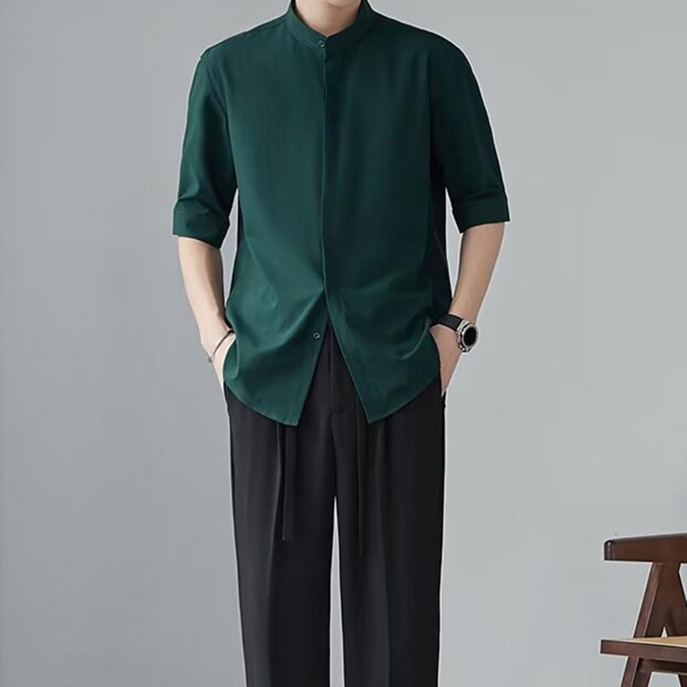 Men Blouse Latest Chinese Style Stand Collar One Tone Relaxed Fit Mid Sleeves Everyday Daily Wear Mid Length Office Top
