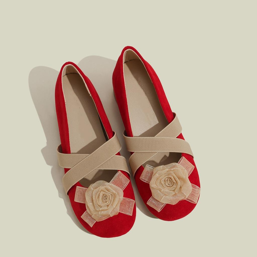 Leather Inner Height Increase Camellia Cross Belt Mary Jane Shoes Women's 2025 New Spring Ballet Shoes Thick Heel Single Shoes Women