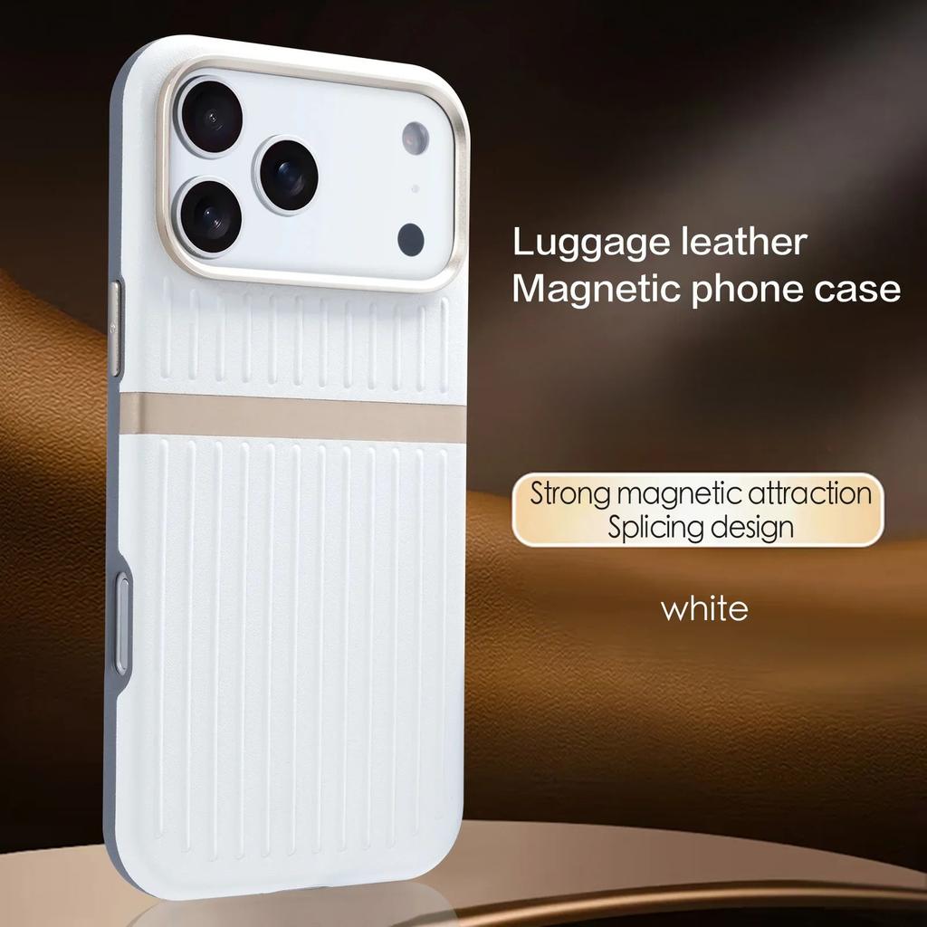 Luxury Luggage Stripe Magnetic Phone Case for iPhone 17 Pro Max 17 Air 16 Pro 15 14 13 Wireless Charging PU Leather Hard Cover