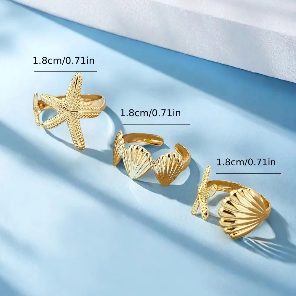 Beach Starfish Shell Style Women'S Alloy Ring Adjustable Opening Zircon Three Piece Set Summer Vacation Party Accessories