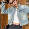 IHUASU Women's Vintage Casual Denim Autumn & Winter Long Sleeve POLO Collar Jacket & Coat