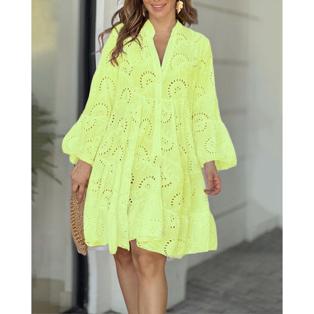 Solid-color V-neck Loose Embroidered Lace Flower Pure Cotton Dress for Summer and Autumn