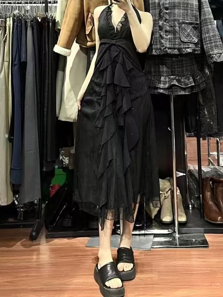 Rochie de vară neagră cu guler în V și subțire, stil gotic Y2k, stil francez, stil chic, stil skinny