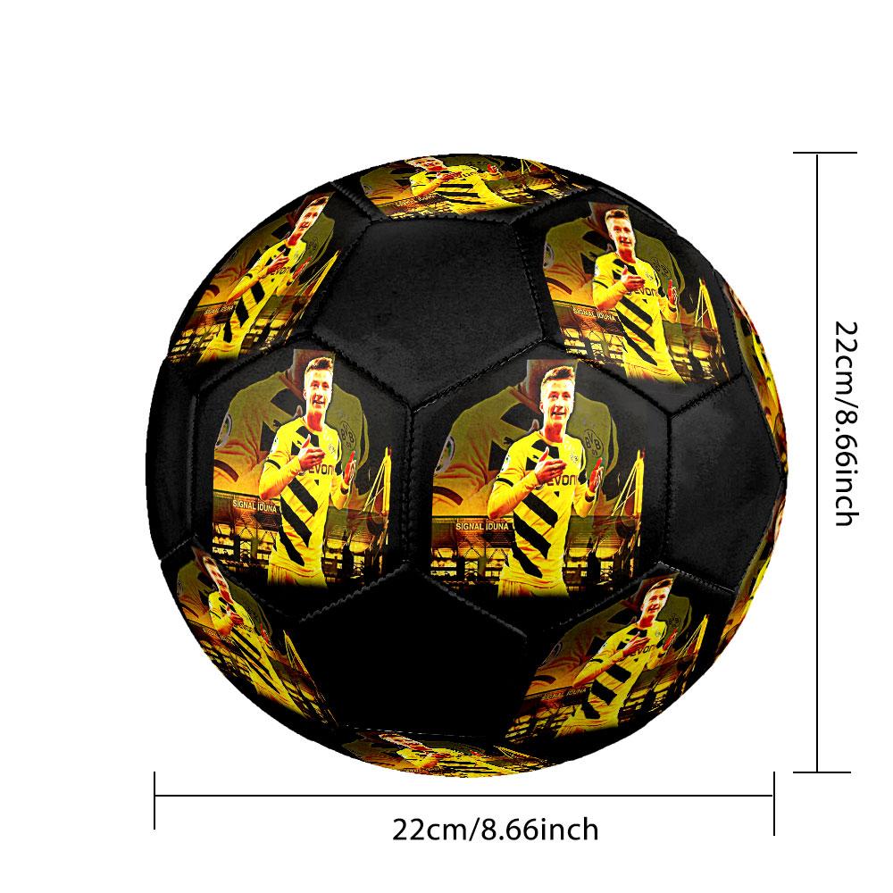 Marco Reus Printed Size 5 Soccer Ball, Machine-Stitched PVC, Durable & High Bounce, All Ages Fit, Fan Merchandise, Matches & Outdoor Use.