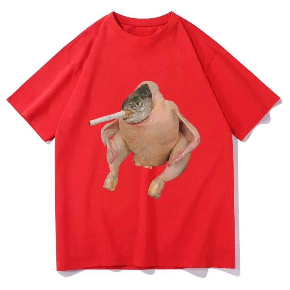 Women Clothing Harajuku Tee Graphic Tee Fish Face Chicken Smoking A Cigarette Meme Top Funny Tee Aesthetic Minimalist Loose Tee