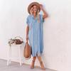 Nuova Moda Europea Americana Tinta Unita Denim Manica Corta Spacco Vestito Camicia Midi
