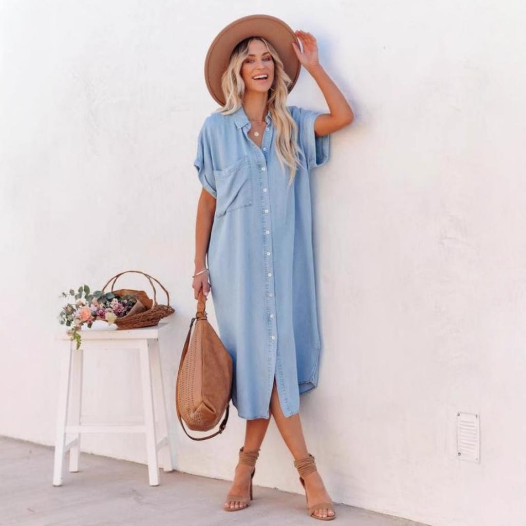 Nuova Moda Europea Americana Tinta Unita Denim Manica Corta Spacco Vestito Camicia Midi