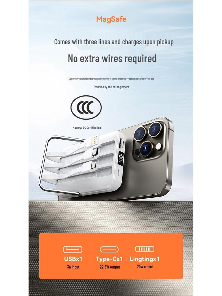3C Certified Wireless Magnetic Power Bank: 15W PD, Strong Magnet, Built-in Triple Cables & Stand, Ideal for Air Travel.