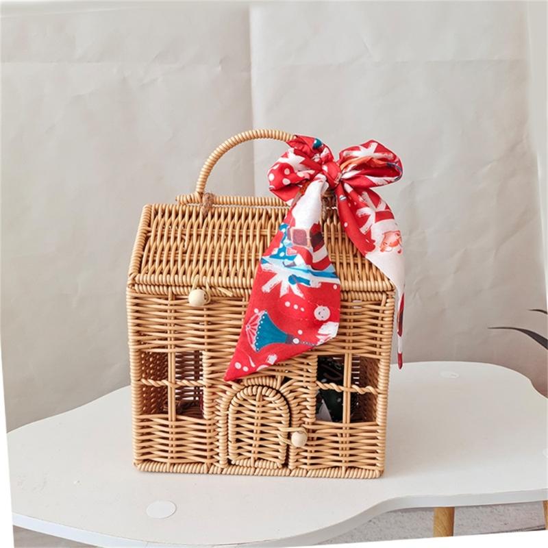 Valigia Scatola Decorativa in Rattan Cesto Intrecciato a Mano in Plastica a Forma di Casa con Manico Sacchetto per Confezionare Regali per Festival